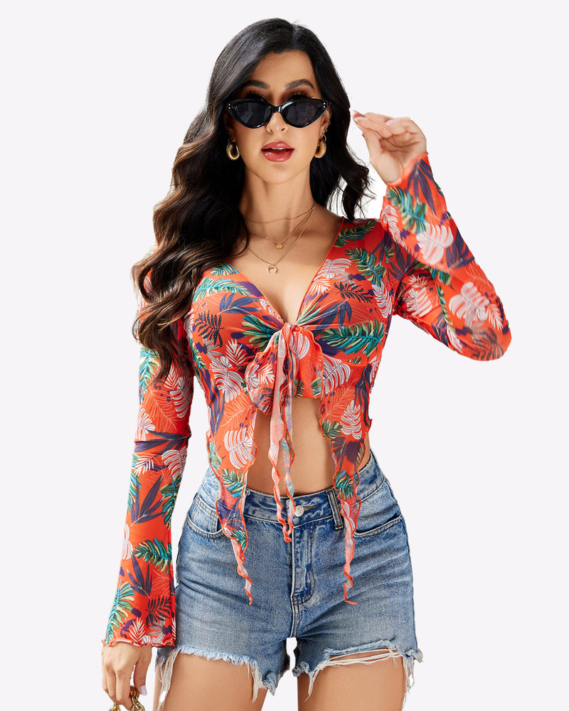Y2K mesh crop top with tropical print and tie front, denim shorts. Long sleeve lingerie. Sexy style.