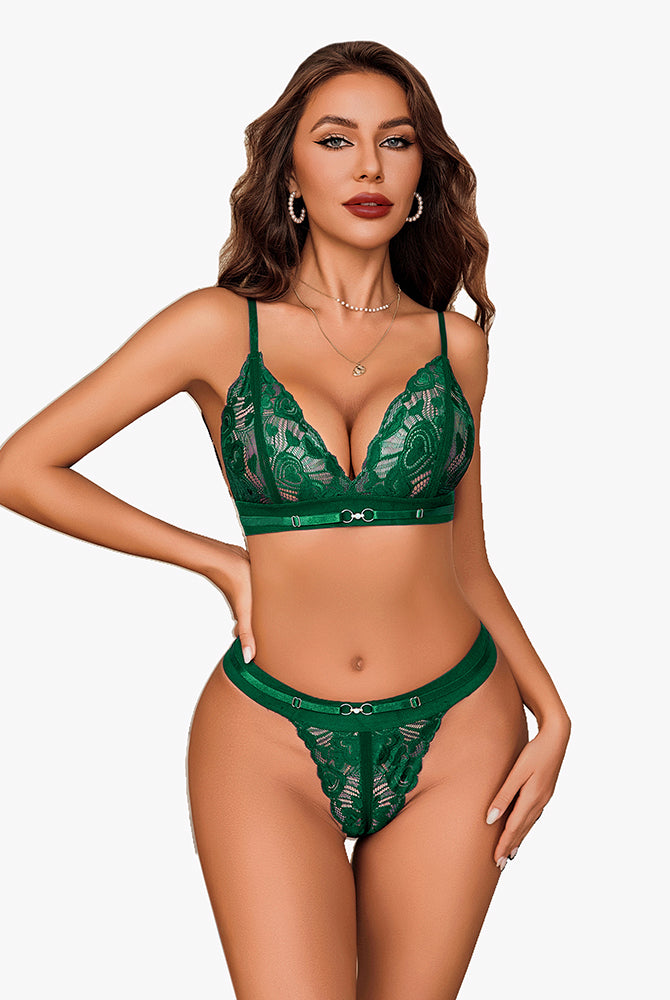 Green floral lace lingerie set. Adjustable straps, sexy and charming bra and panty design.