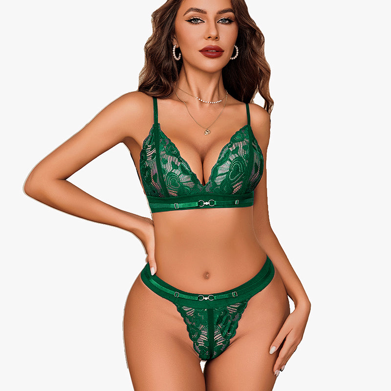 Green floral lace lingerie set. Adjustable straps, sexy and charming bra and panty design.
