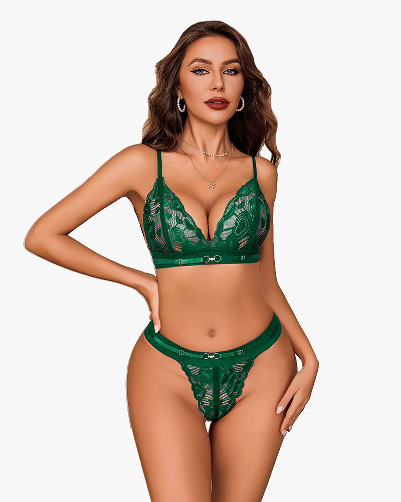 Green floral lace lingerie set. Adjustable straps, sexy and charming bra and panty design.