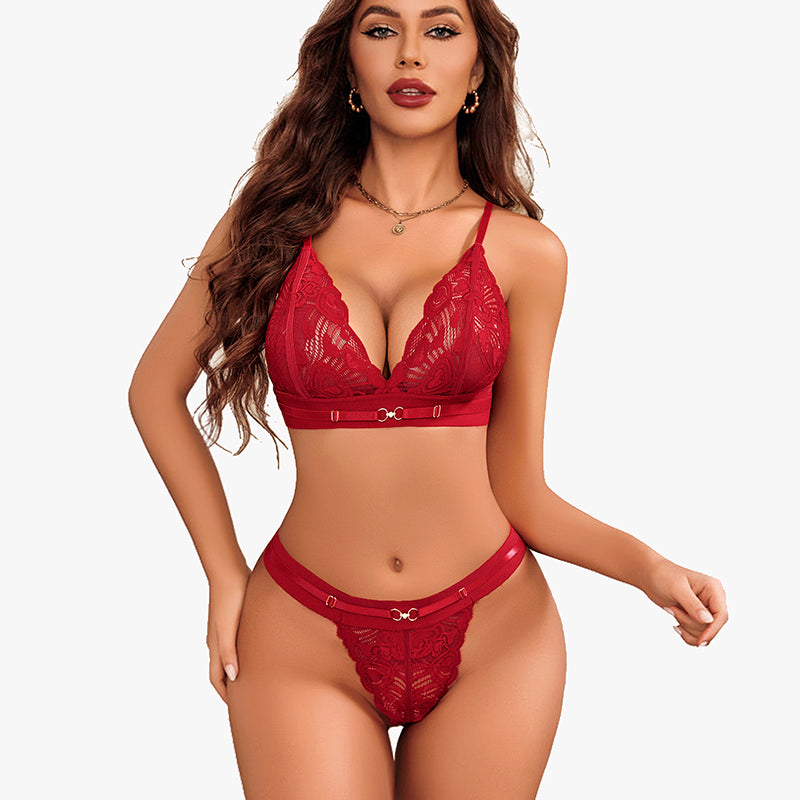 Red lace bra and panty set; adjustable straps and charming design; sexy lingerie for special nights