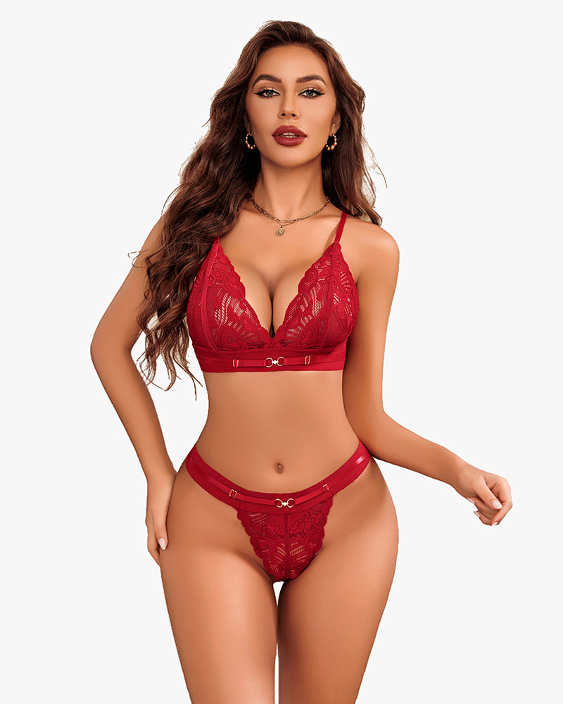 Red lace bra and panty set; adjustable straps and charming design; sexy lingerie for special nights