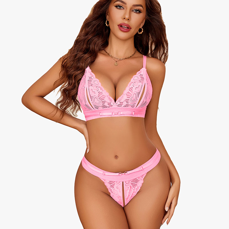 Pink floral lace lingerie set; adjustable straps, open-back panty; sexy and charming design.