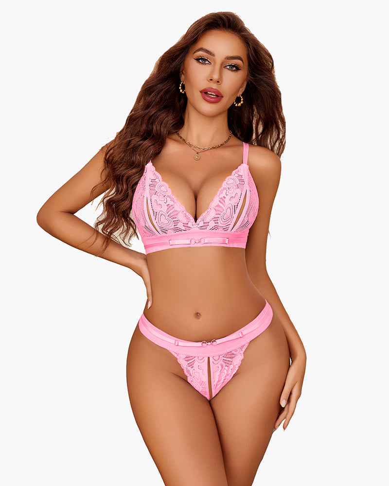 Pink floral lace lingerie set; adjustable straps, open-back panty; sexy and charming design.
