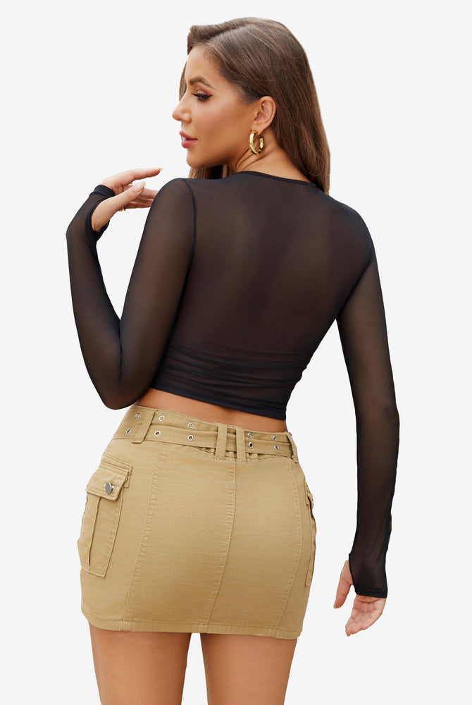 Avidlove black sheer mesh crop top with thumb holes and khaki skirt for party