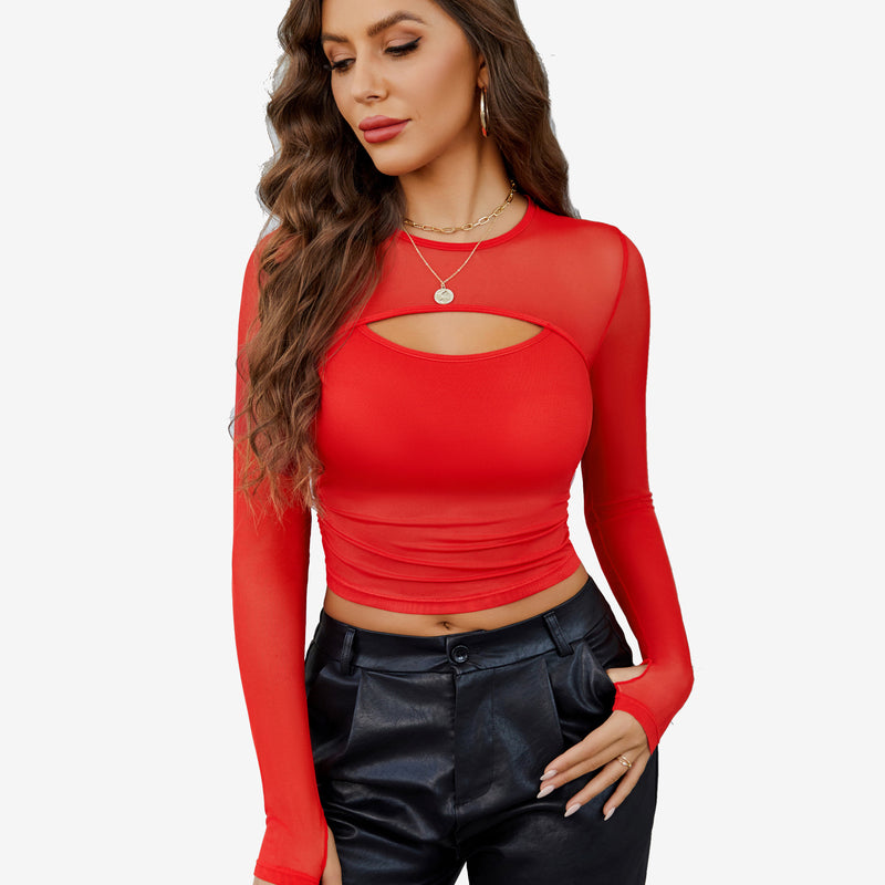 Red sheer mesh long sleeve crop top with keyhole detail, perfect for parties, from Avidlove