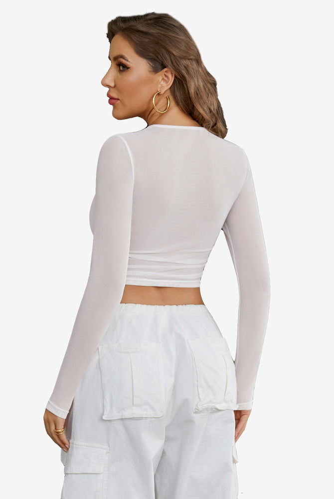 White sheer mesh long sleeve crop top, party wear, perfect for parties and nightclubs, Avidlove.