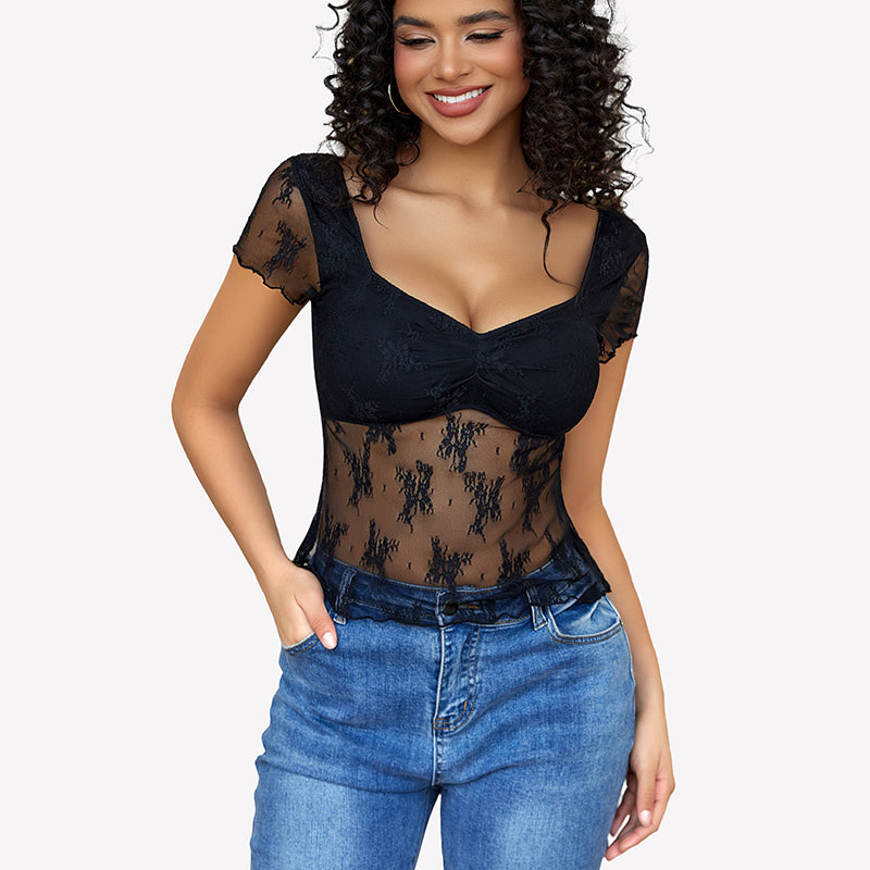 Lace Mesh Short Sleeve Floral Shirt
