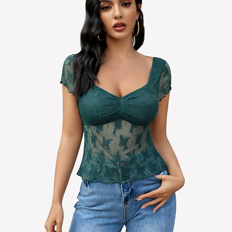 Lace Mesh Short Sleeve Floral Shirt