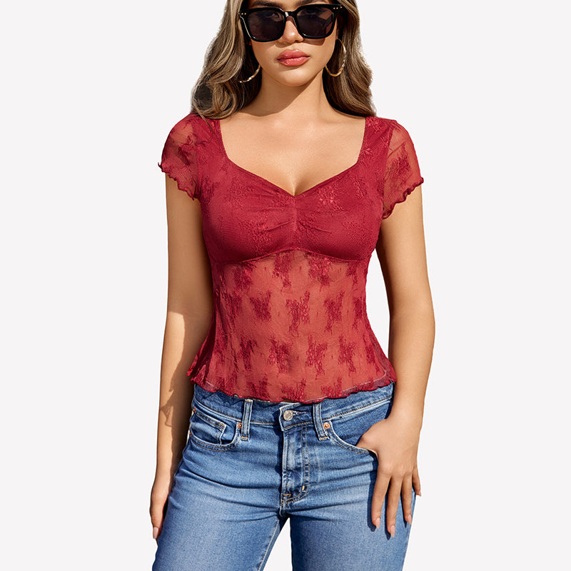 Lace Mesh Short Sleeve Floral Shirt