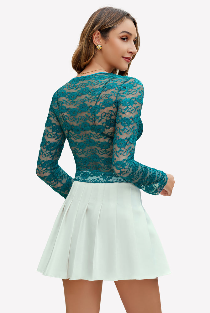 Teal floral lace long sleeve blouse with white pleated skirt. Sheer sexy top for women.