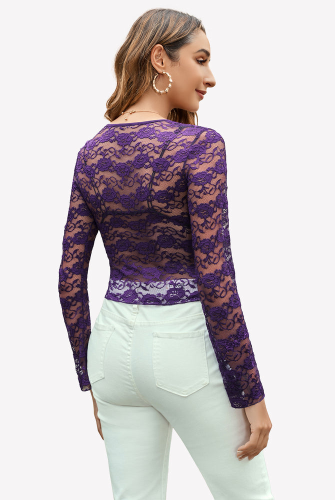 Purple floral lace long sleeve blouse for women, sheer and sexy top, mesh material.
