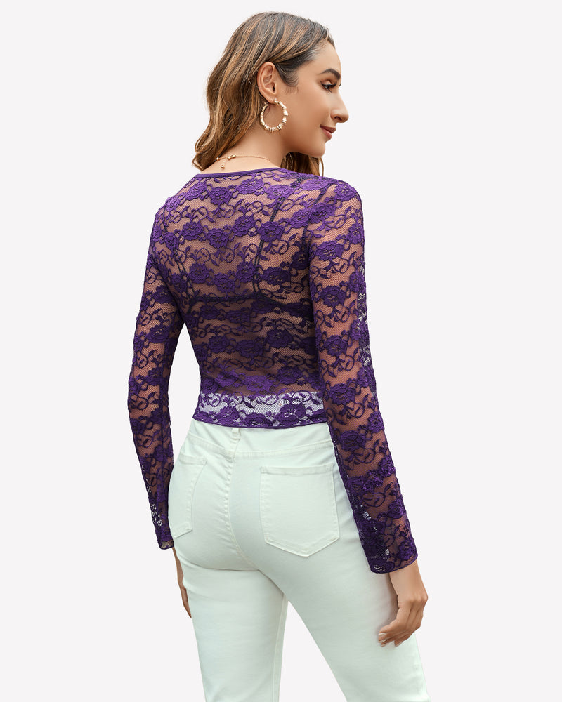 Purple floral lace long sleeve blouse for women, sheer and sexy top, mesh material.