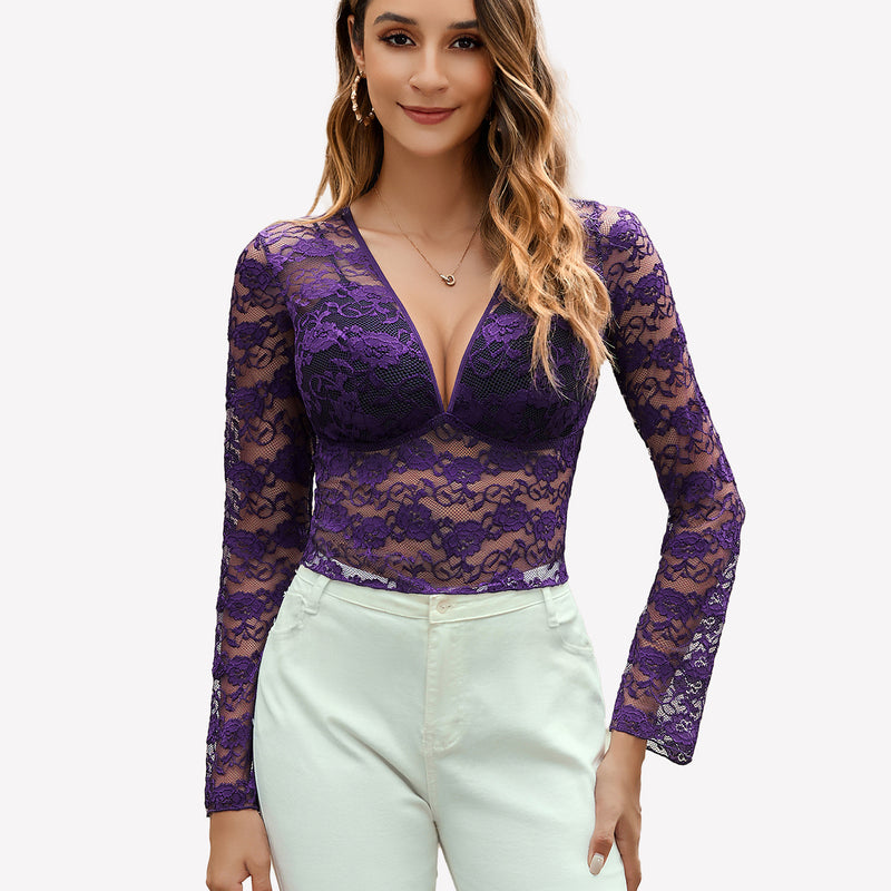 Purple floral lace long sleeve blouse with deep V-neck, sheer and sexy top for women