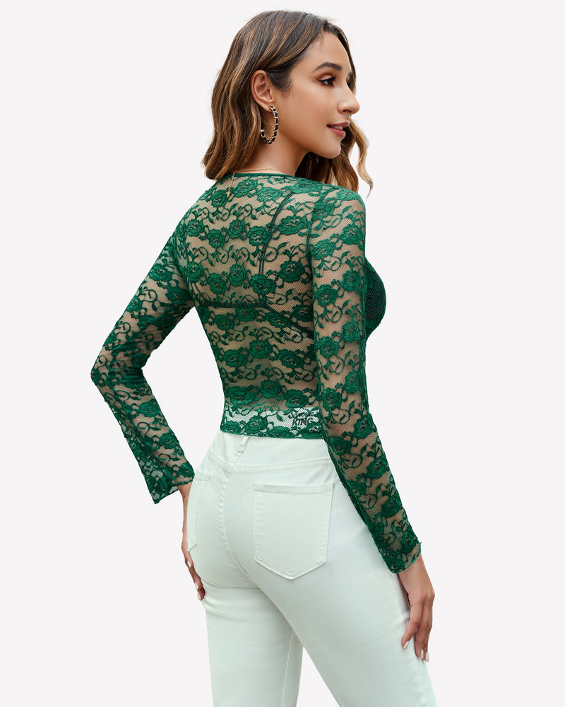 Emerald green floral lace long sleeve blouse with white jeans, sheer sexy top for women