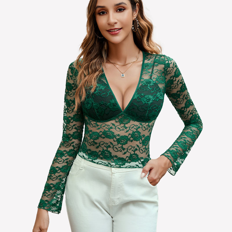 Emerald green floral lace long sleeve blouse with deep V-neck, sheer sexy top