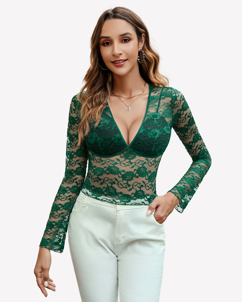 Emerald green floral lace long sleeve blouse with deep V-neck, sheer sexy top