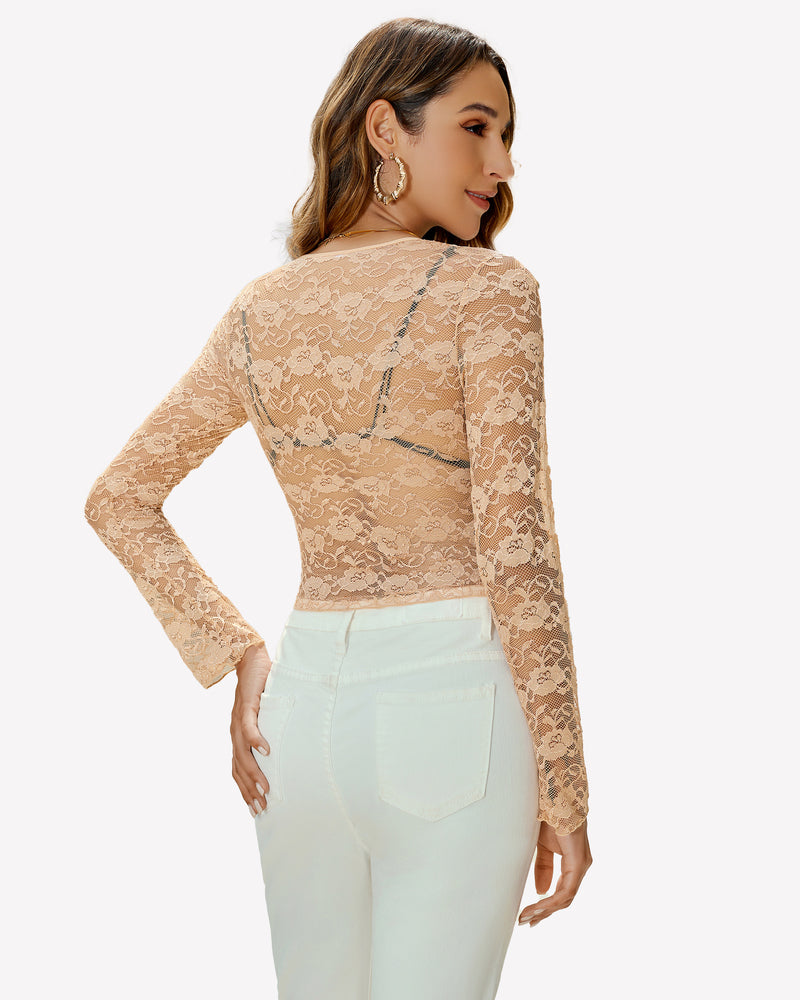 Peach floral lace long sleeve blouse, sheer top, with white pants. Sexy lingerie for women.