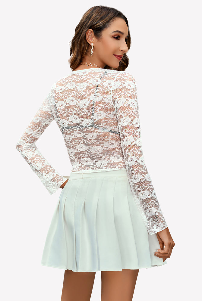 White floral lace long sleeve blouse with deep V-neck and pleated skirt. Sheer sexy top for women.