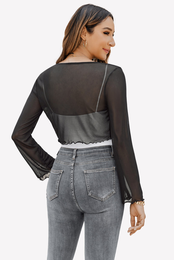 Black sheer shrug with bell sleeves and tie front, a versatile mesh shawl top for women