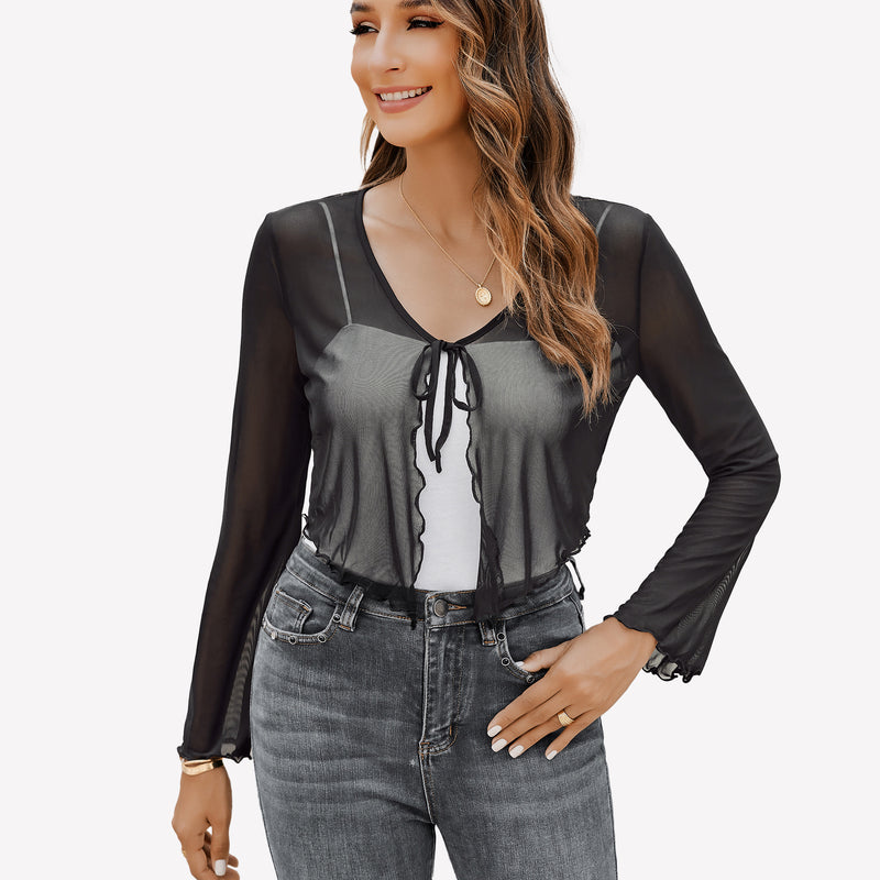 Black sheer shrug with tie front and bell sleeves, a versatile mesh shawl top.