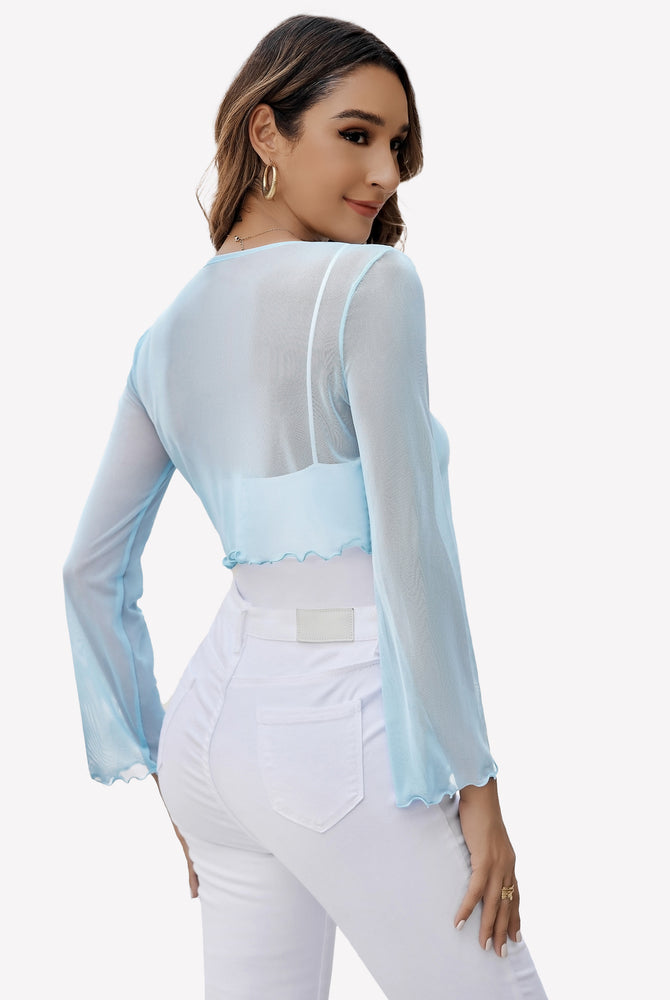 Light blue sheer shrug with bell sleeves and tie front, a versatile mesh shawl top