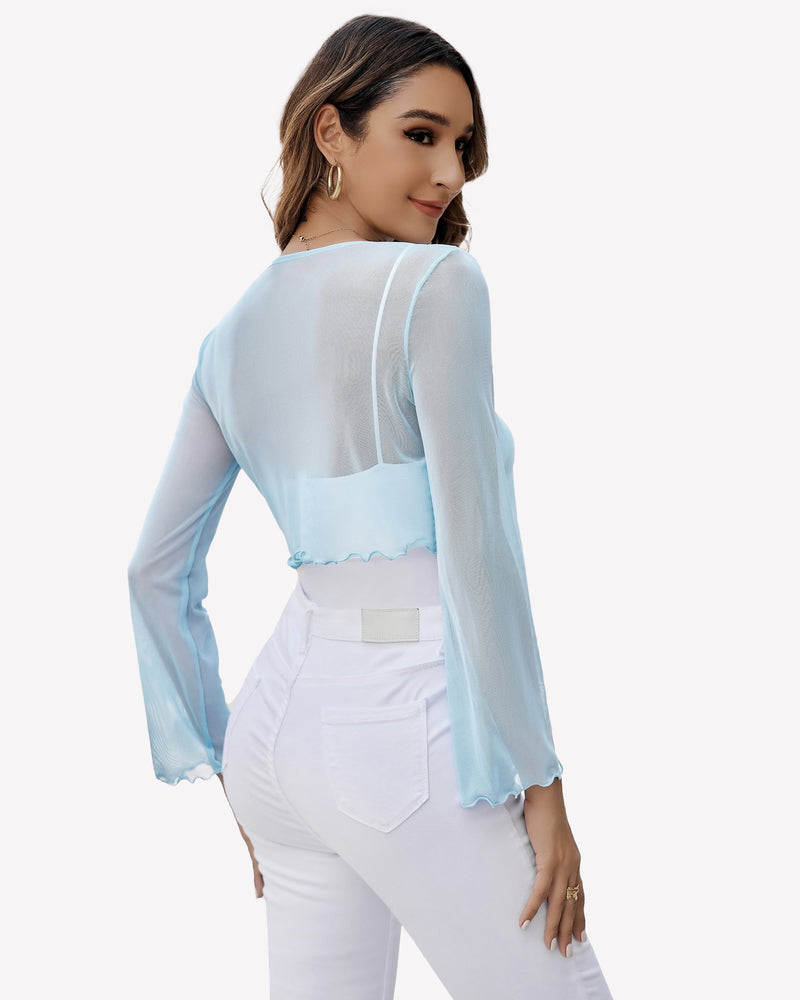 Light blue sheer shrug with bell sleeves and tie front, a versatile mesh shawl top