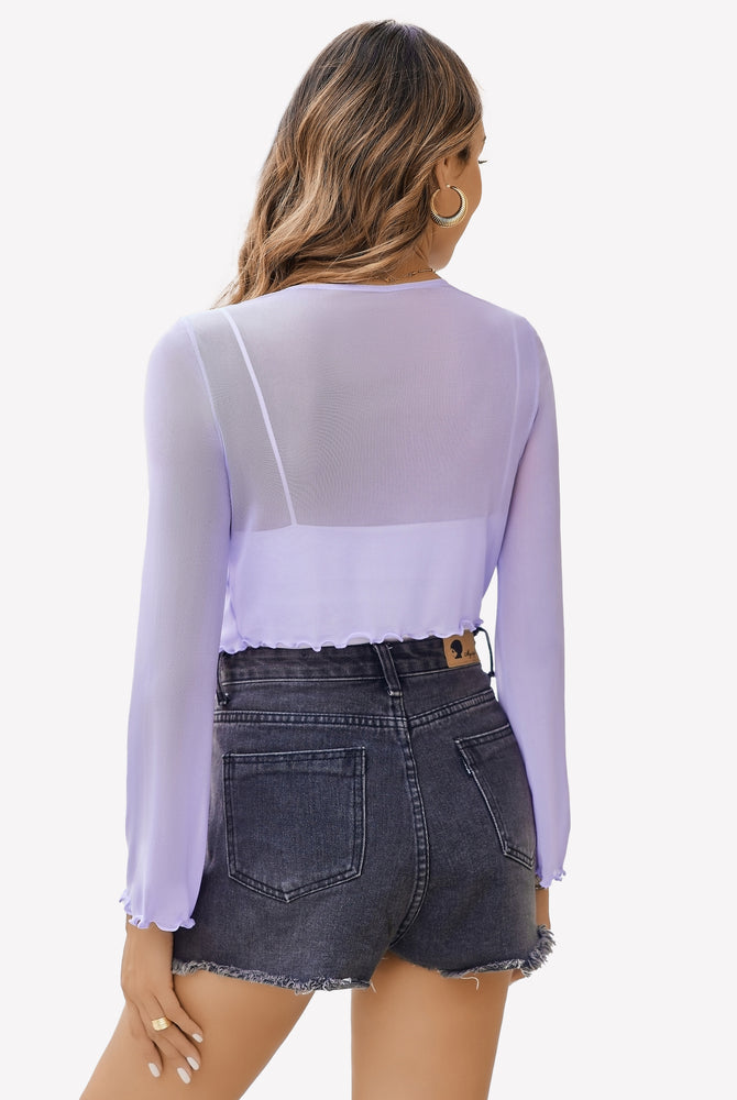 Purple sheer shrug with bell sleeves and tie front, mesh shawl top for women