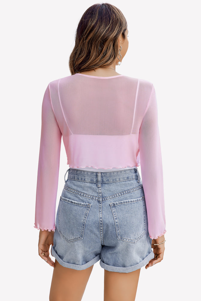 Pink sheer shrug with bell sleeves and tie front, a versatile mesh shawl top