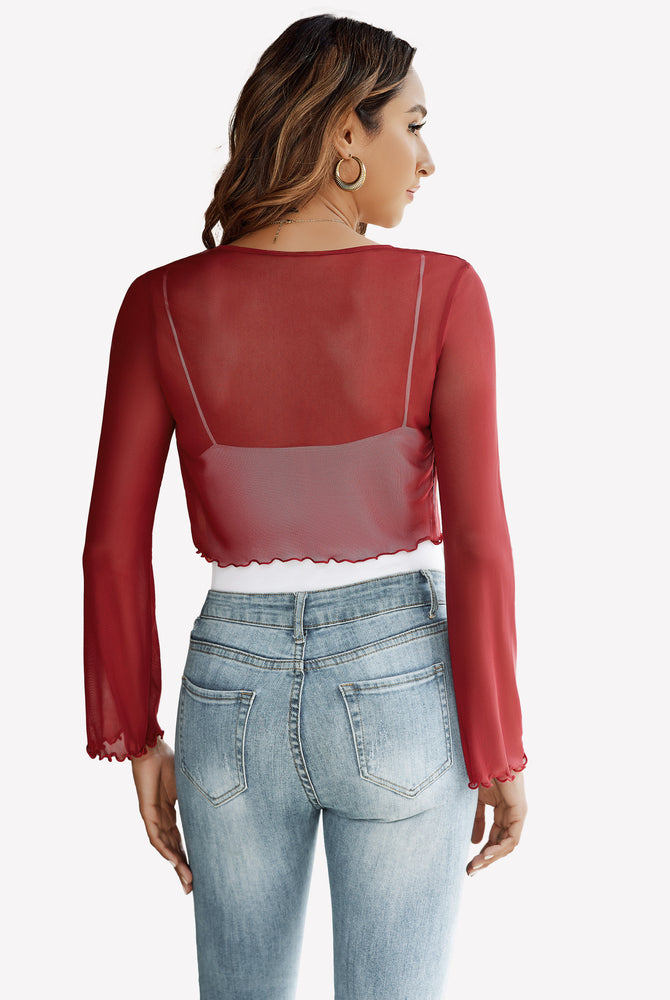 Burgundy sheer mesh shrug with bell sleeves, mesh shawl top, paired with jeans