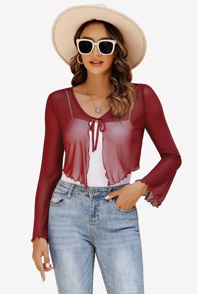 Burgundy sheer mesh shrug with tie front and bell sleeves, a versatile shawl top for women