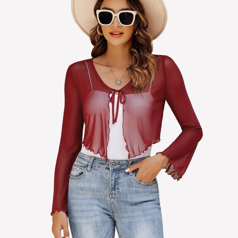 Burgundy sheer mesh shrug with tie front and bell sleeves, a versatile shawl top for women