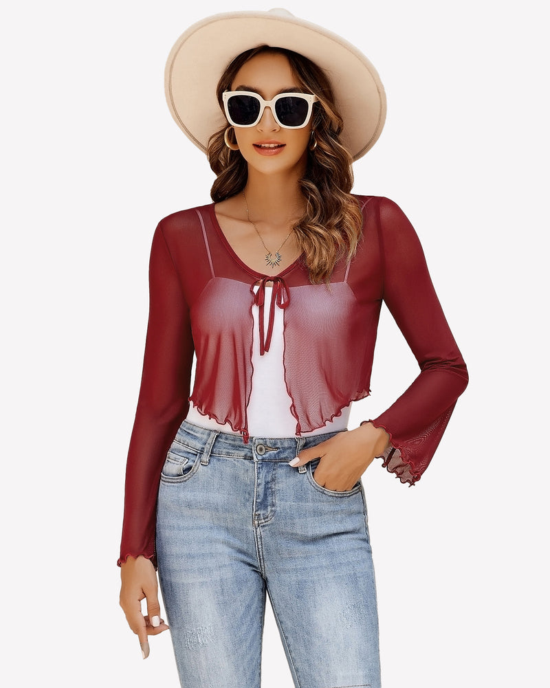 Burgundy sheer mesh shrug with tie front and bell sleeves, a versatile shawl top for women