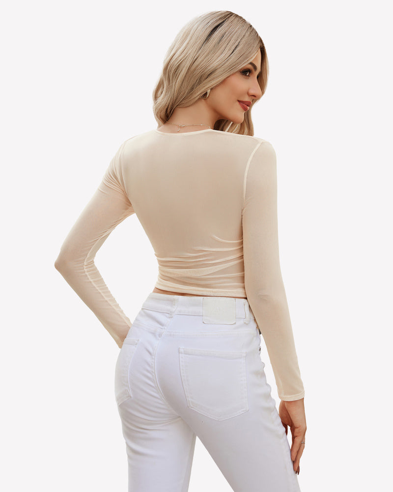 Square neck sheer blouse with lining, mesh long sleeve top with white jeans. Sexy and stylish look.