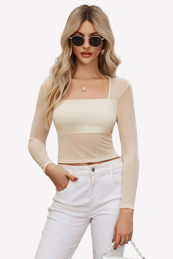 Square neck sheer blouse with lining, mesh long sleeve top, sexy outfit for women