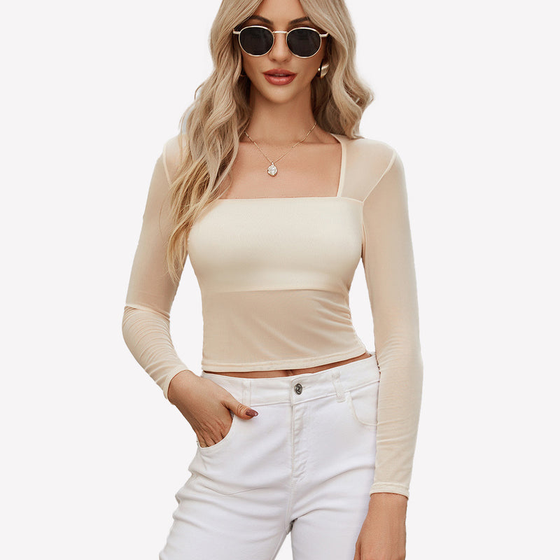 Square neck sheer blouse with lining, mesh long sleeve top, sexy outfit for women