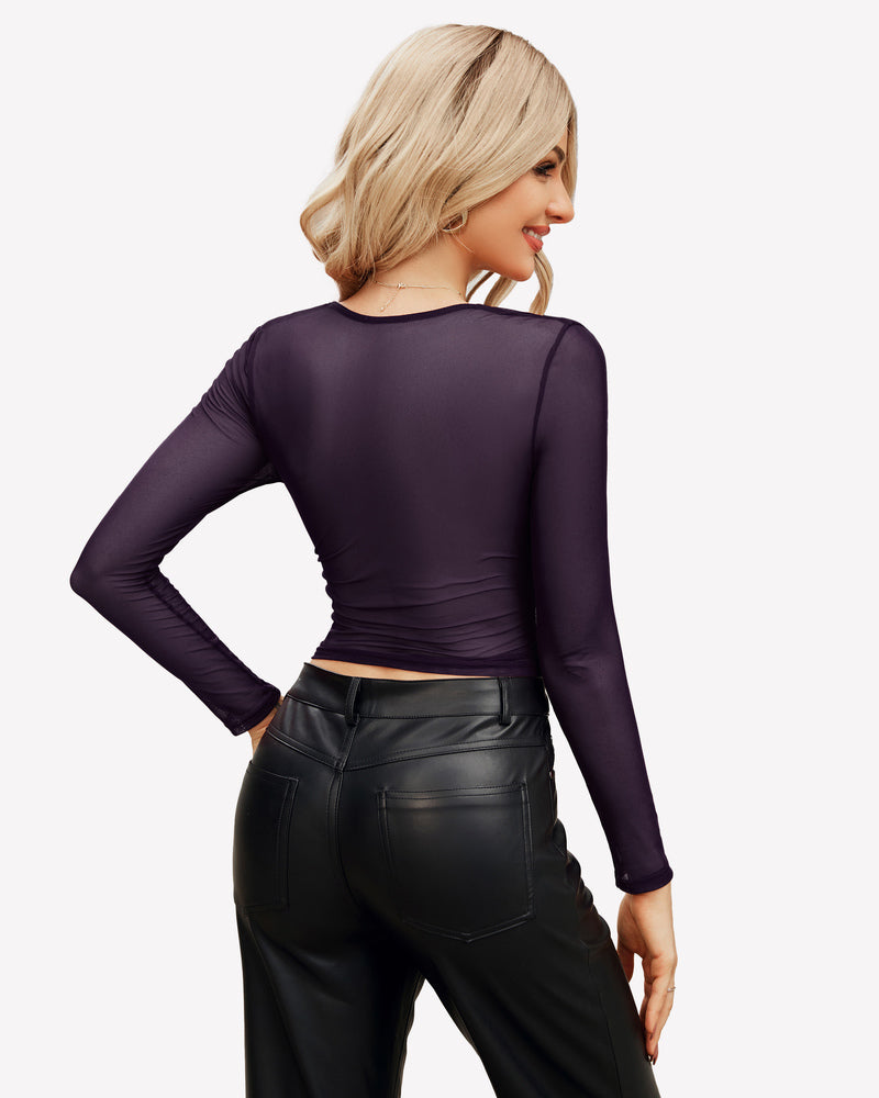 Square neck purple sheer blouse with long sleeves, black leather pants. Sexy women's top. Avidlove.