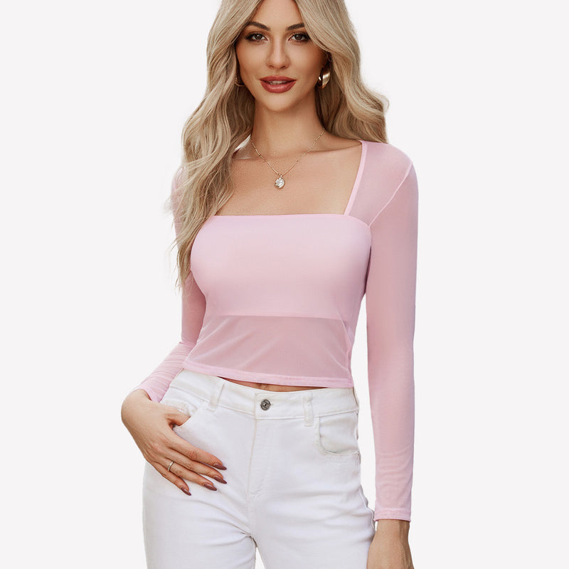 Pink square neck sheer blouse with lining and mesh long sleeve, stylish sexy outfit.