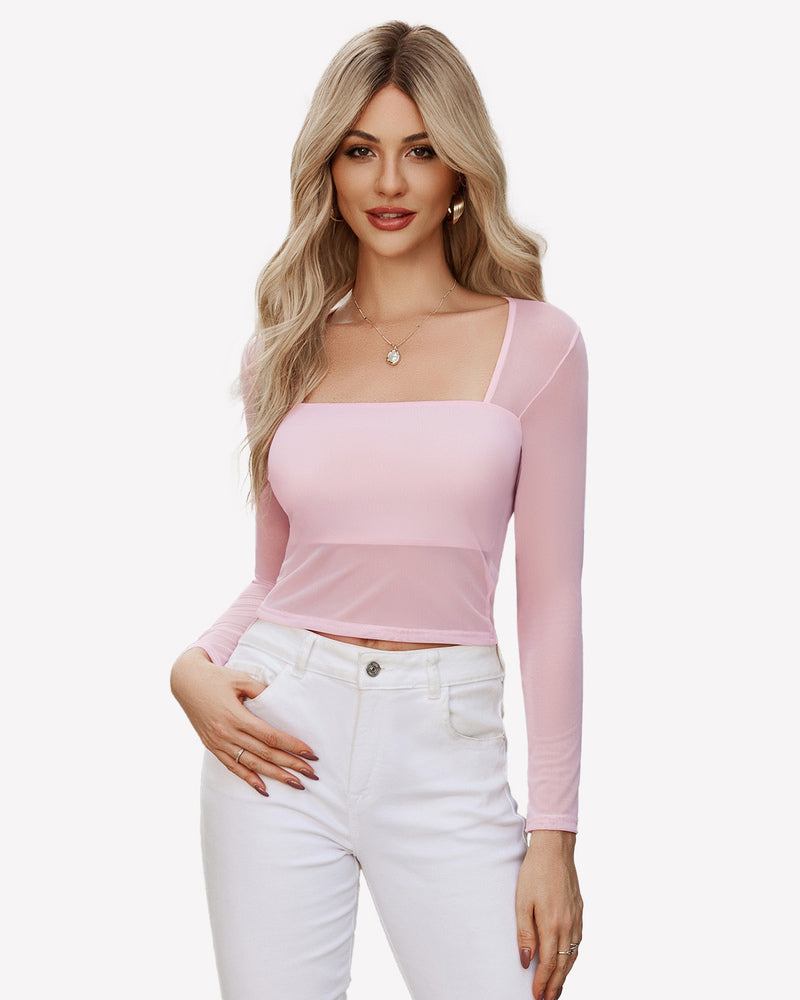 Pink square neck sheer blouse with lining and mesh long sleeve, stylish sexy outfit.