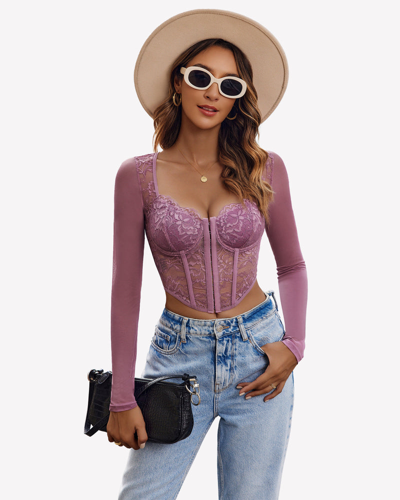 Mauve lace long sleeve crop top, sheer blouse, with blue jeans and accessories - Avidlove