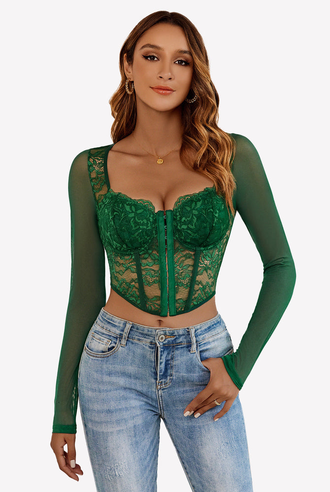Green lace crop top with long sleeves, floral lace and hook-and-eye closure, sexy and comfortable