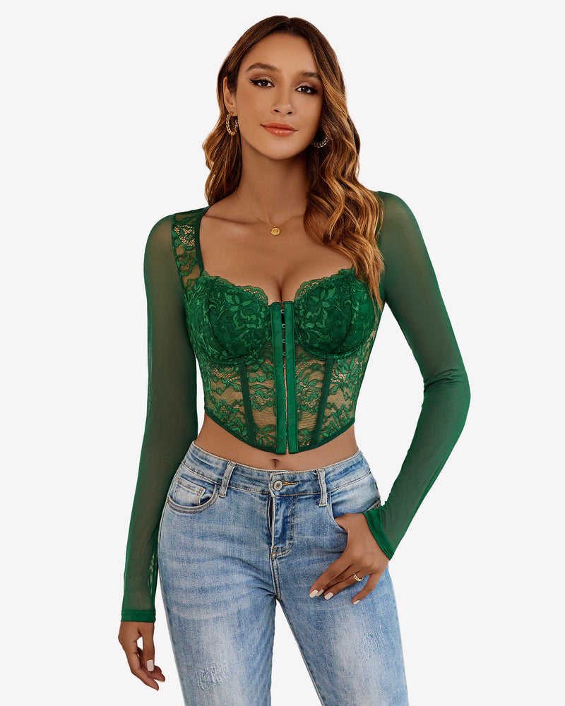Green lace crop top with long sleeves, floral lace and hook-and-eye closure, sexy and comfortable
