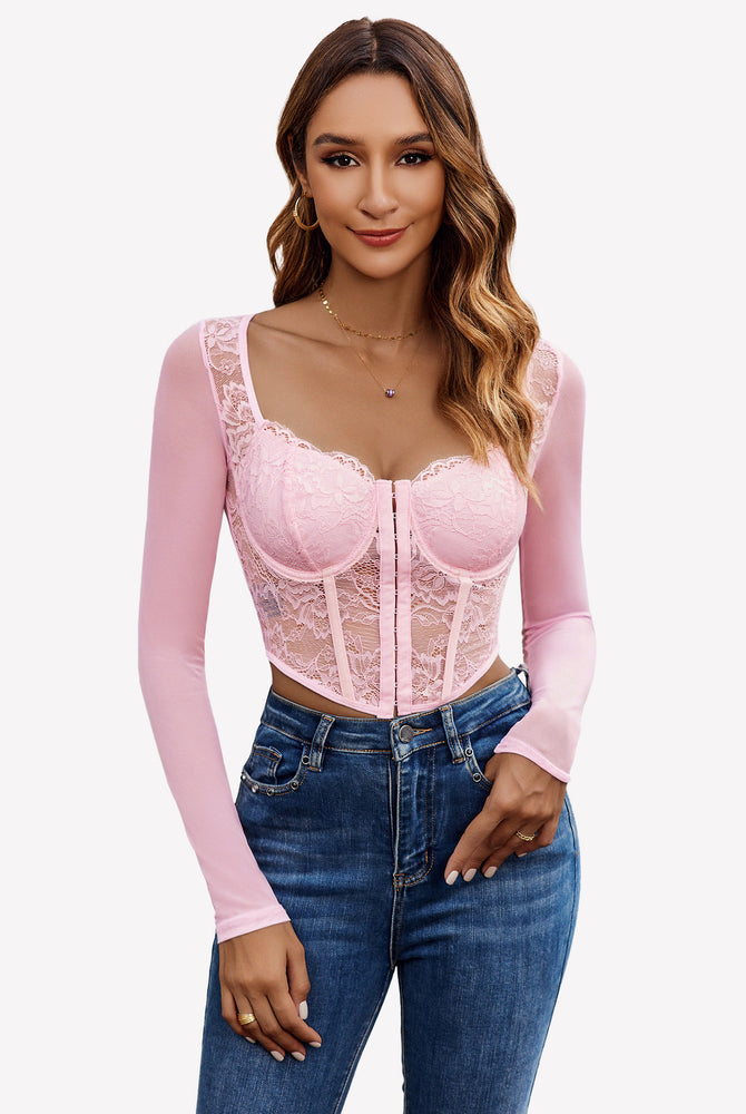 Pink lace crop top with long sleeves and blue jeans - Sexy lingerie