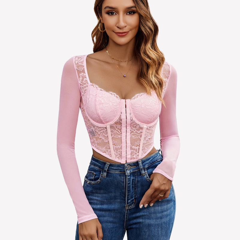 Pink lace crop top with long sleeves and blue jeans - Sexy lingerie