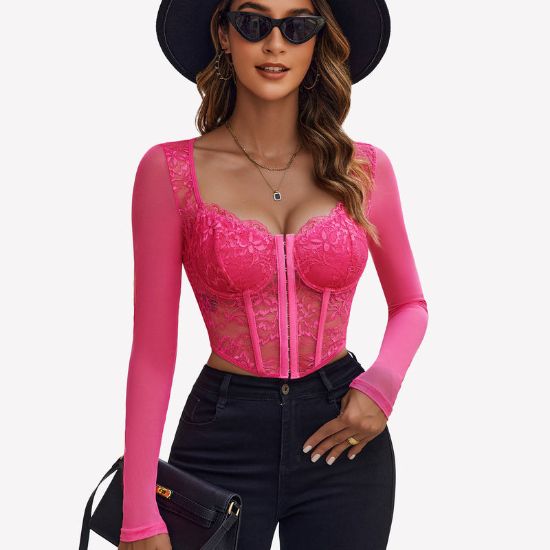 Pink lace crop top with long sleeves, sheer mesh blouse and black jeans - Avidlove lingerie