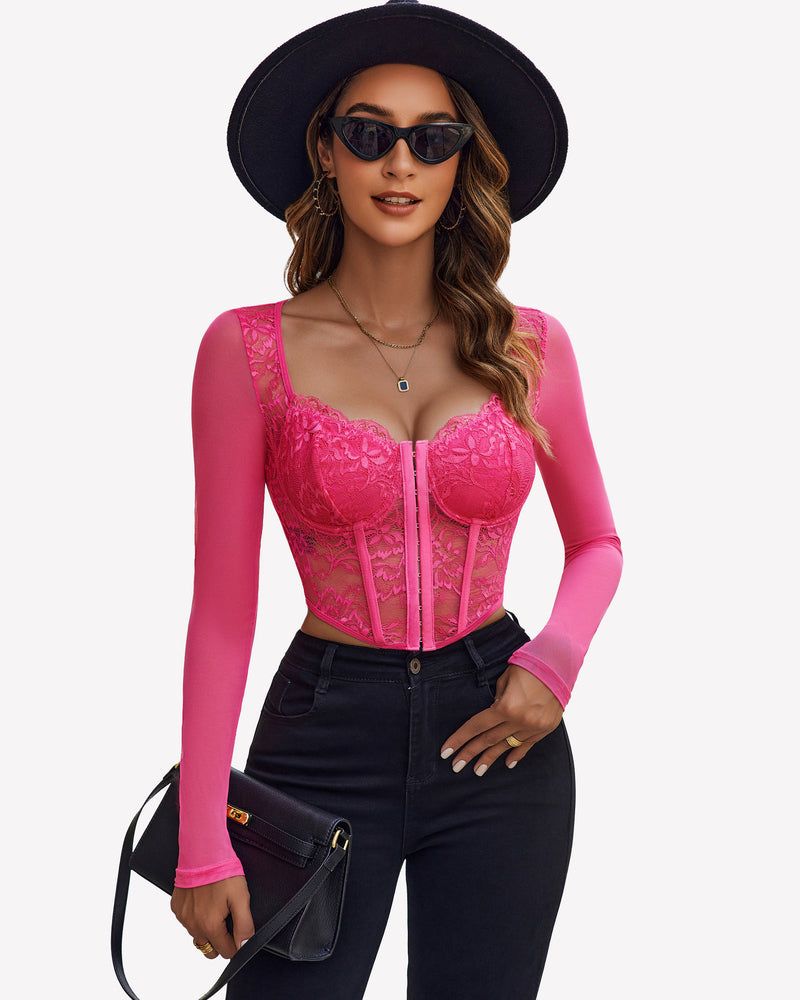 Pink lace crop top with long sleeves, sheer mesh blouse and black jeans - Avidlove lingerie