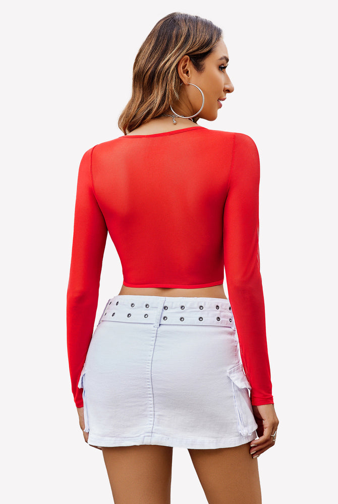 Red mesh long sleeve crop top with white skirt - sexy lingerie, Avidlove