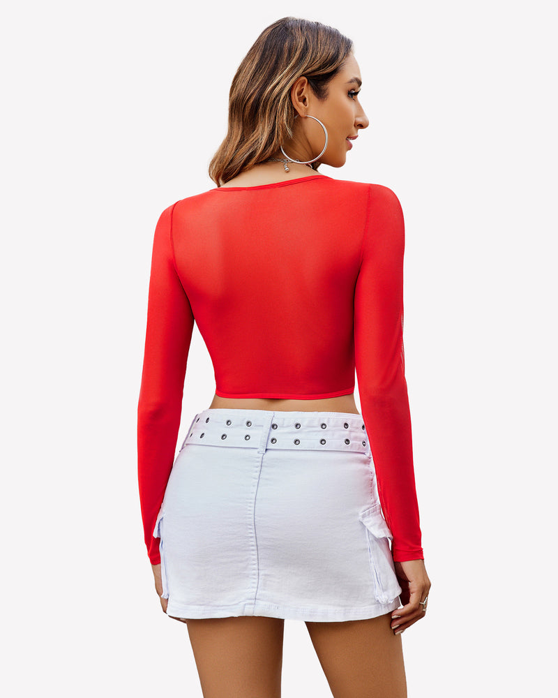 Red mesh long sleeve crop top with white skirt - sexy lingerie, Avidlove