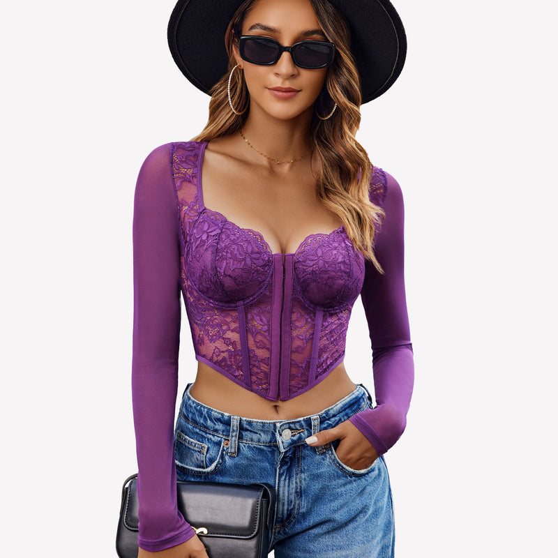 Purple lace long sleeve crop top with mesh sleeves, black hat, and blue jeans - Avidlove lingerie