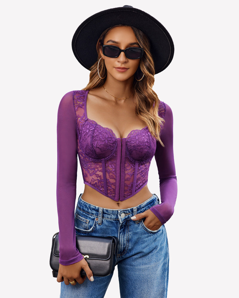 Purple lace long sleeve crop top with mesh sleeves, black hat, and blue jeans - Avidlove lingerie